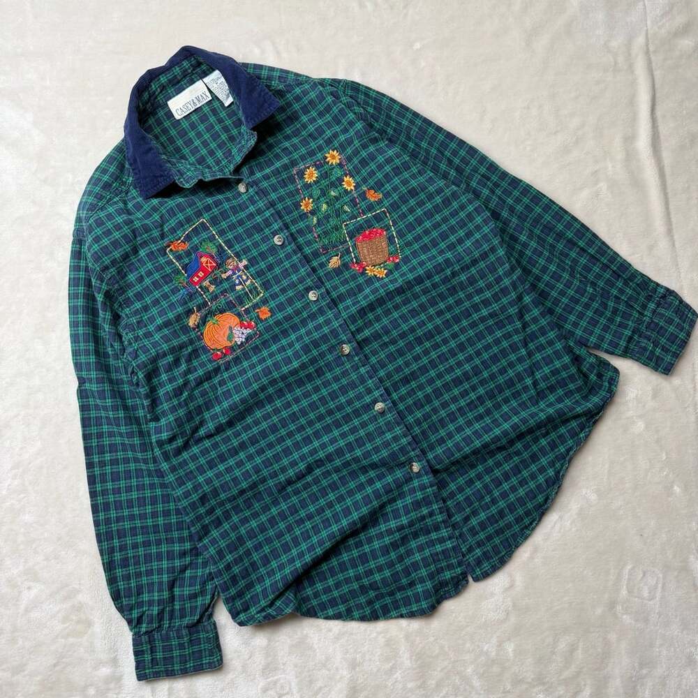 1990’s Casey & Max Embroidered Plaid Flannel Shirt Size M Green Corduroy Collar
